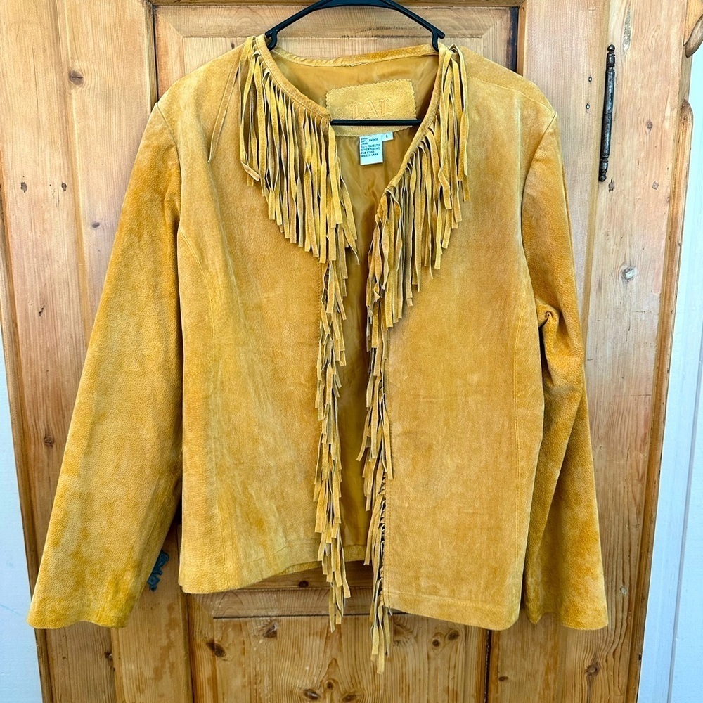 Live A Little Suede Fringe Jacket Open Front Golden Tan Sz Large Western